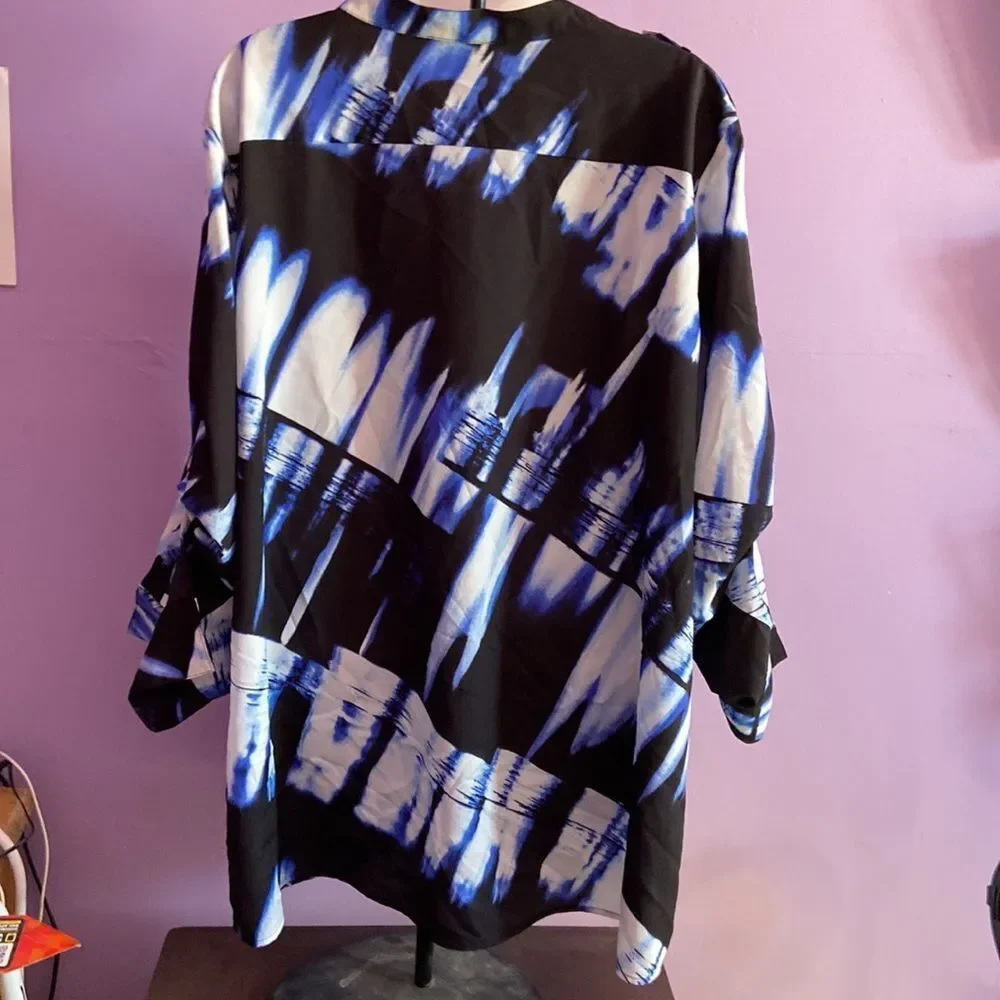 Calvin Klein Plus 1X Women's Blue/Black Button Front Blouse Office Chic